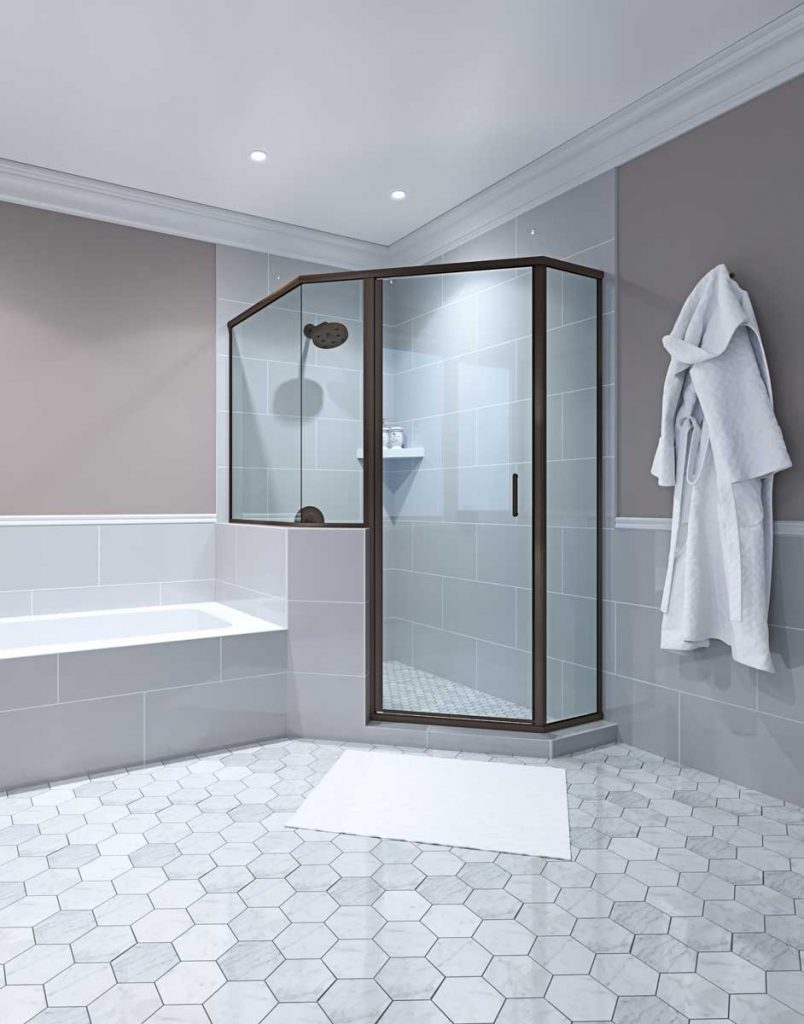 Epic Series frameless hinged shower door in bathroom