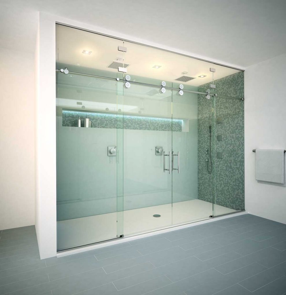 Matrix B frameless sliding glass shower door final light tiles