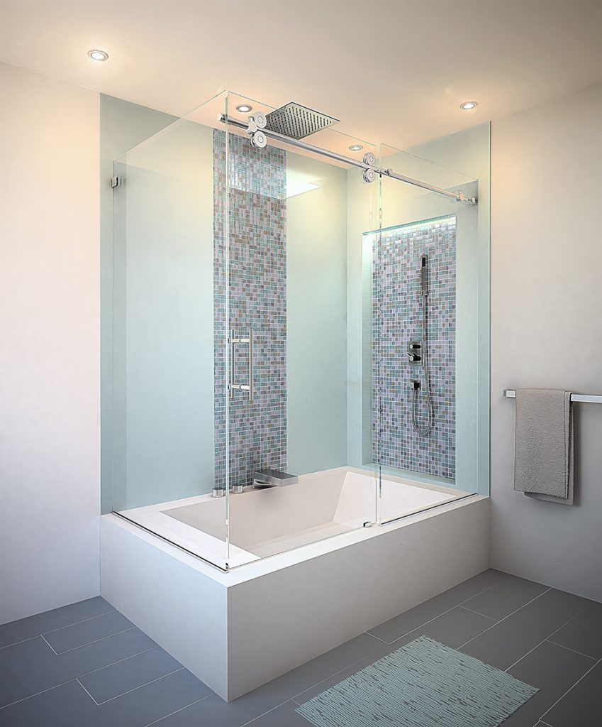 Matrix C frameless sliding glass shower door with tub