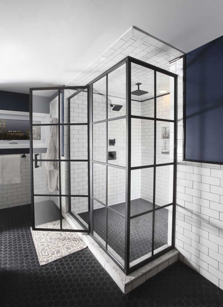 Metropolis Art Deco Black Grid Shower Doors In East Hanover