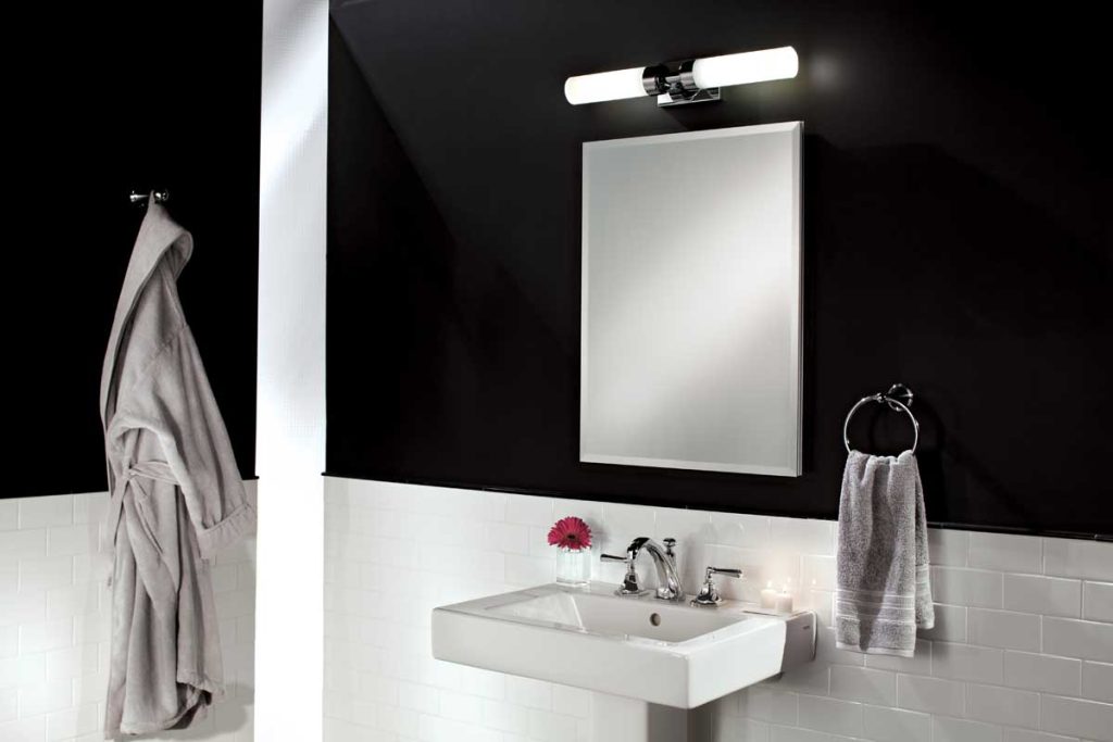 frameless beveled mirror in bathroom