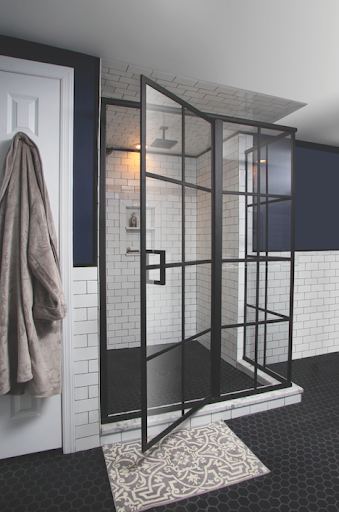 metropolis shower door, shower door, black steel framed shower doors, black metal frame shower door